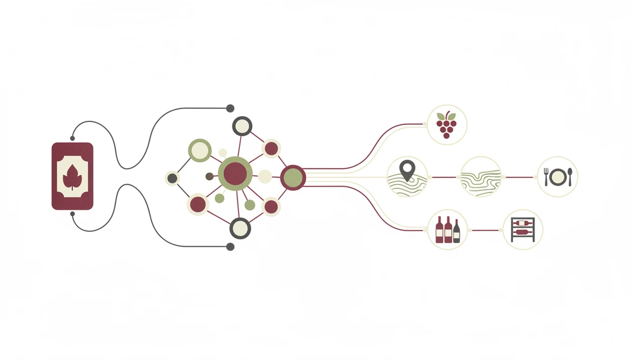 A simple diagram shows a wine label flowing through AI into grape, region, pairing, and cellar results.
