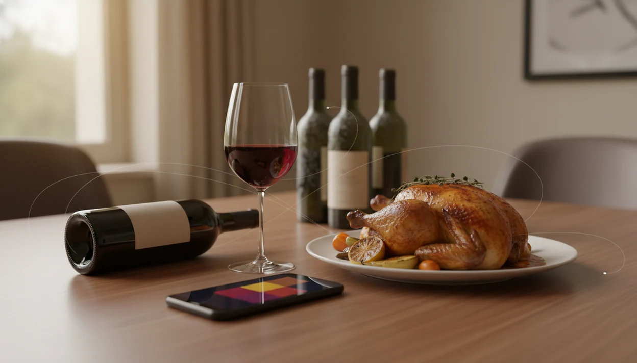 A wine glass, bottle, meal, and phone are linked by subtle light patterns suggesting AI wine recommendations.