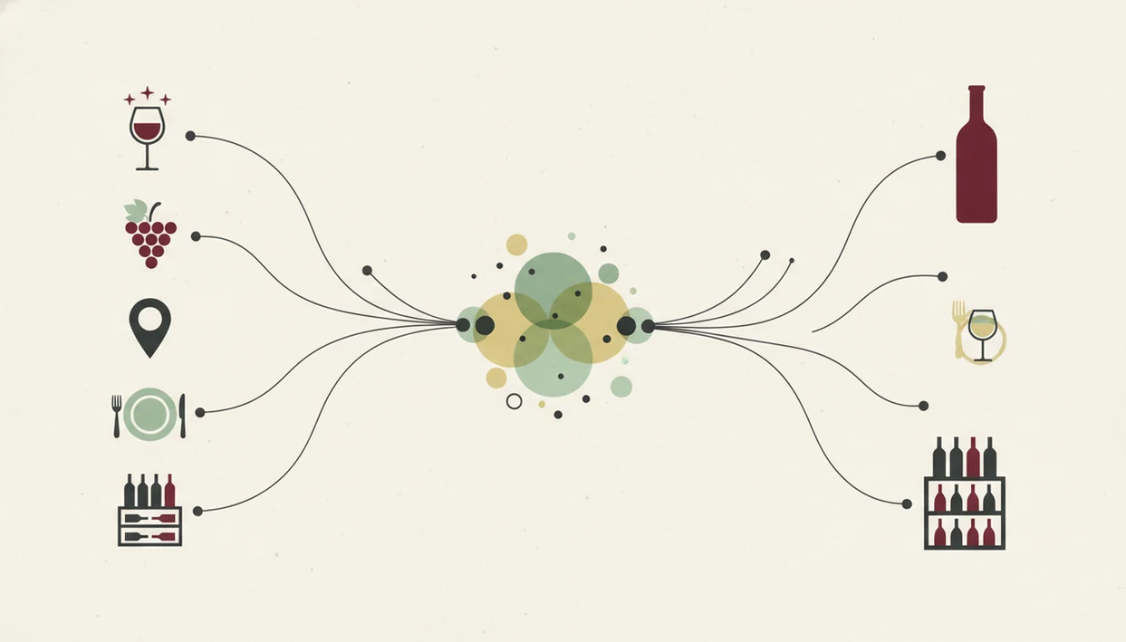 A clean diagram shows taste, ratings, food, and cellar signals flowing into wine recommendations.