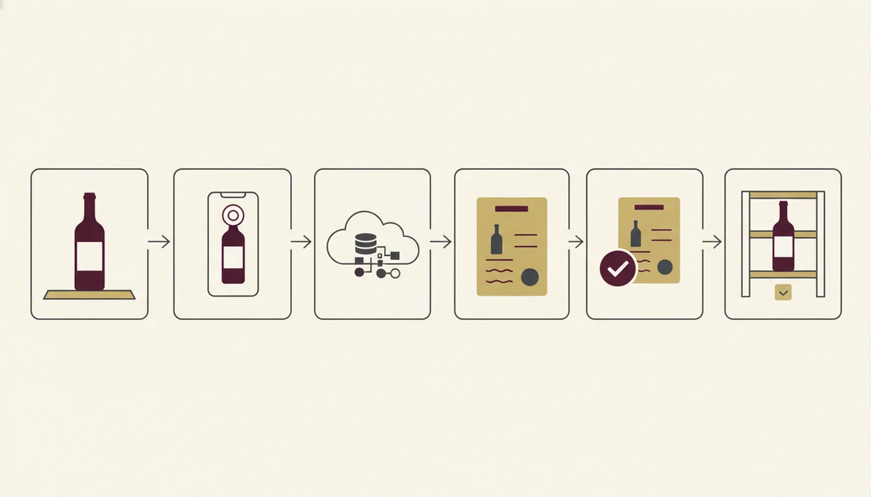 A simple six-step visual workflow shows scanning, matching, confirming, and saving a wine bottle.