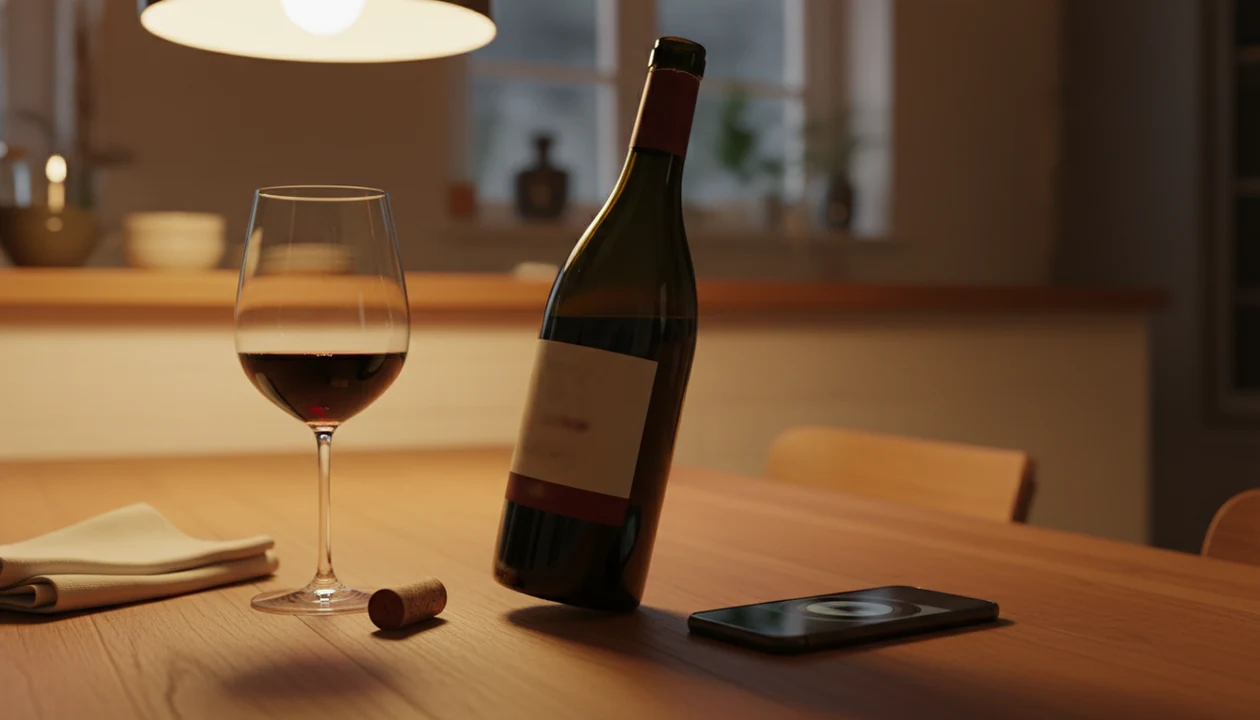 A wine bottle, glass, cork, and smartphone sit on a dinner table ready for label scanning.