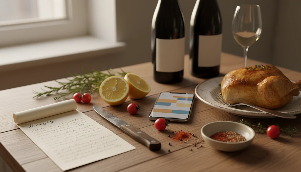 A recipe, ingredients, wine bottles, glasses, and a phone arranged on a kitchen table for pairing dinner with wine.