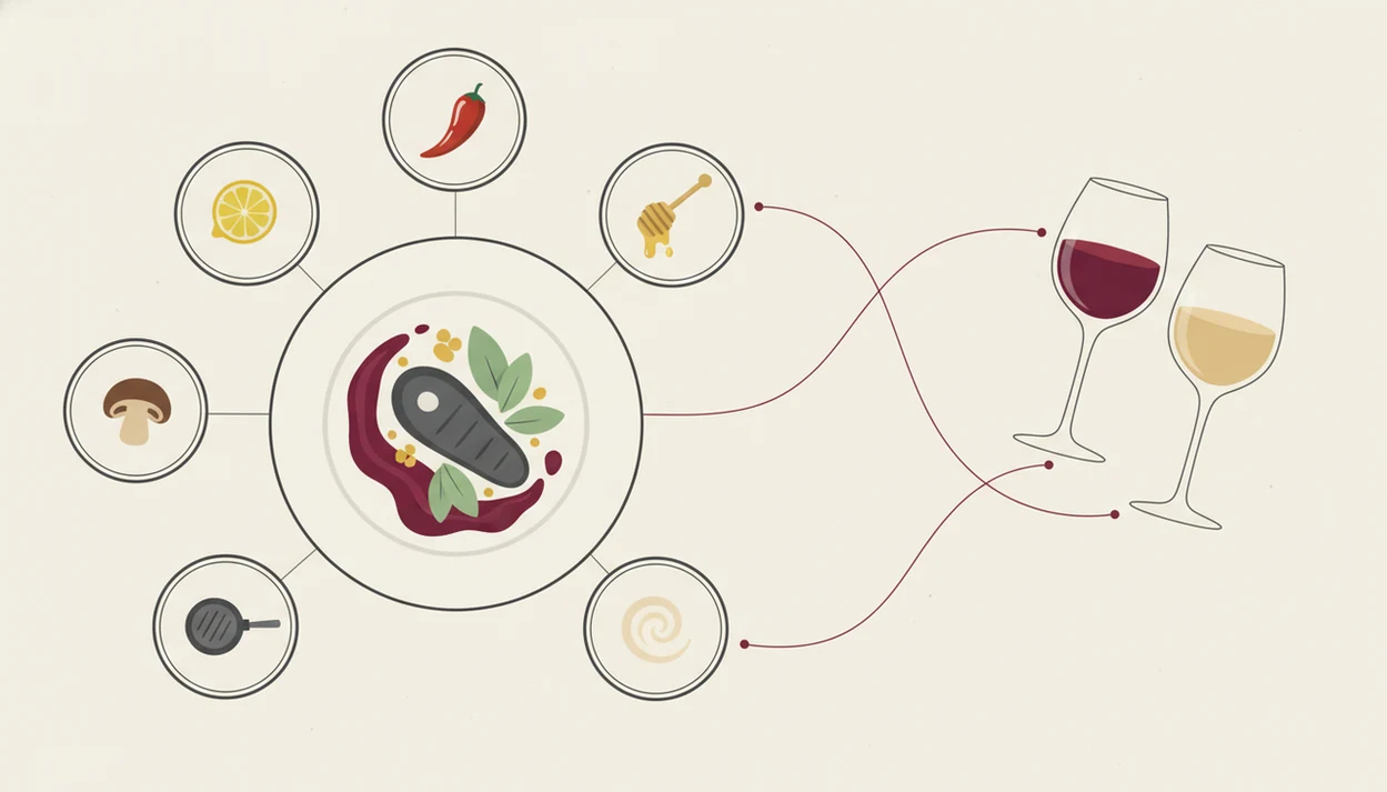 An illustrated diagram shows acidity, heat, sweetness, umami, sauce, and cooking method guiding wine choices.