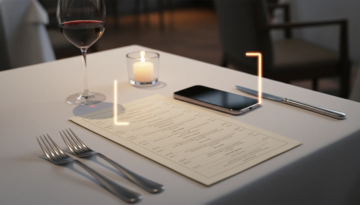 A smartphone scans an unreadable restaurant wine list beside a glass of red wine on a candlelit table.
