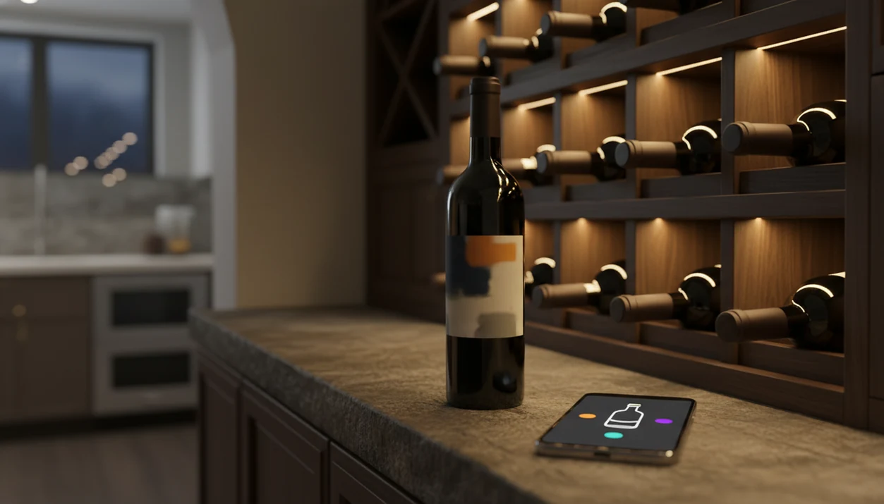 A wine bottle and smartphone sit on a cellar table as racks blur warmly in the background.