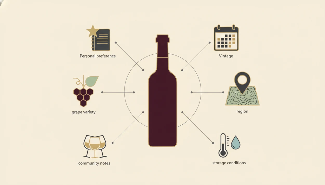 A clean diagram shows a wine bottle connected to six visual inputs for drink-window prediction.