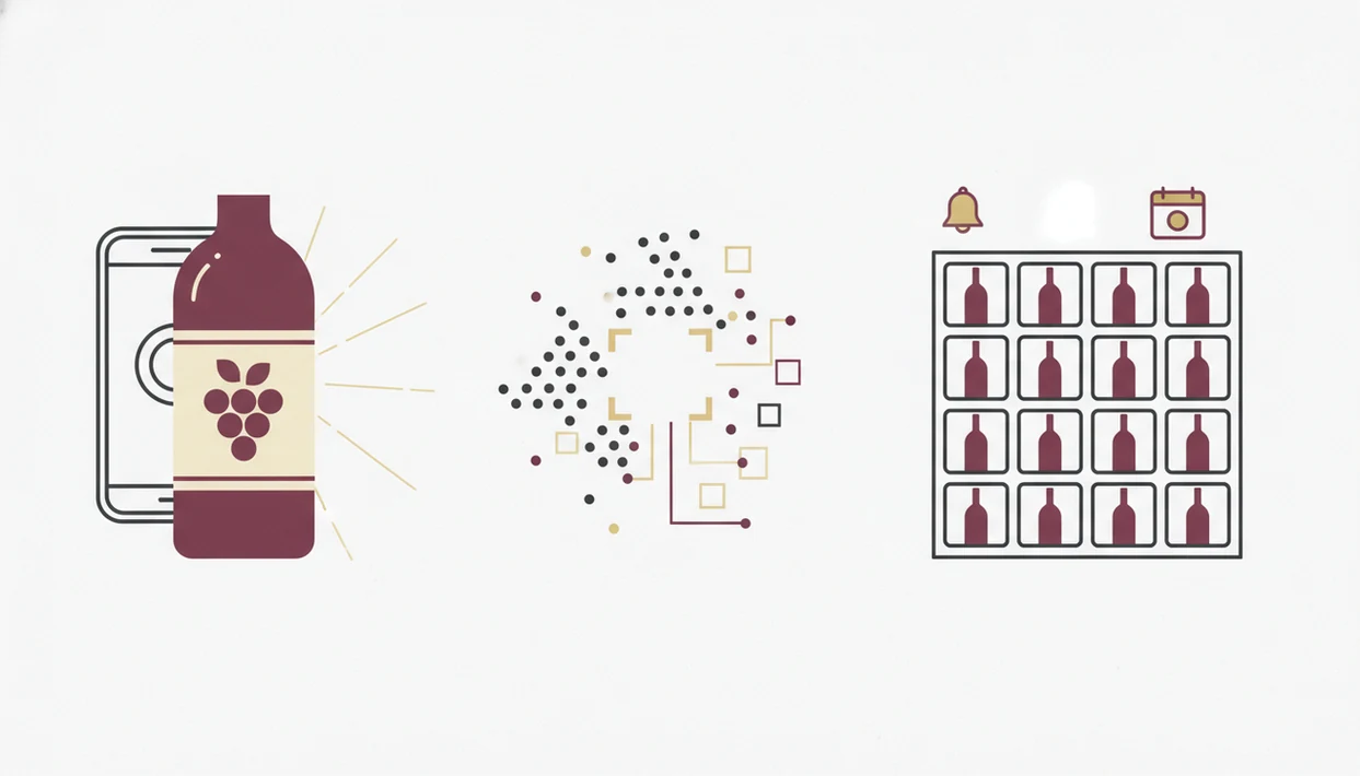 A simple diagram shows a wine label scan becoming organized bottle records in a rack.