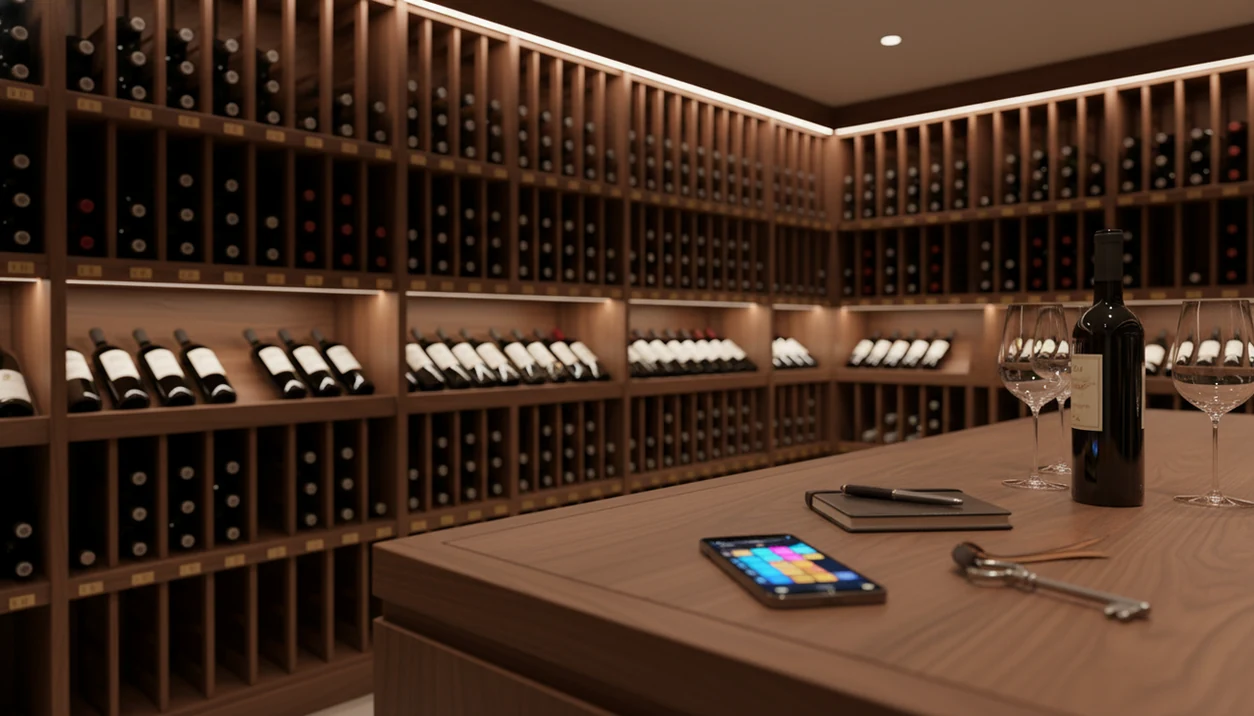A smartphone and wine bottle sit in front of organized cellar racks filled with bottles.