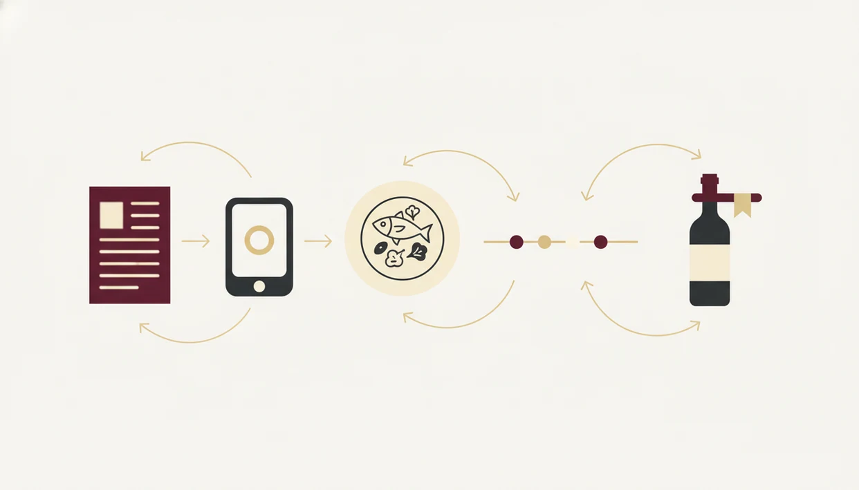 A simple visual flow shows scanning a menu, matching food, setting budget, and saving a wine choice.