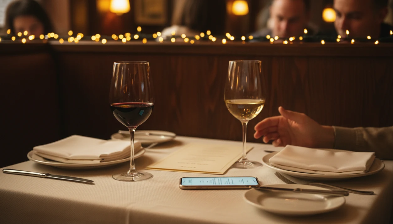 A phone, blurred wine list, and two wine glasses sit on a warmly lit restaurant table.