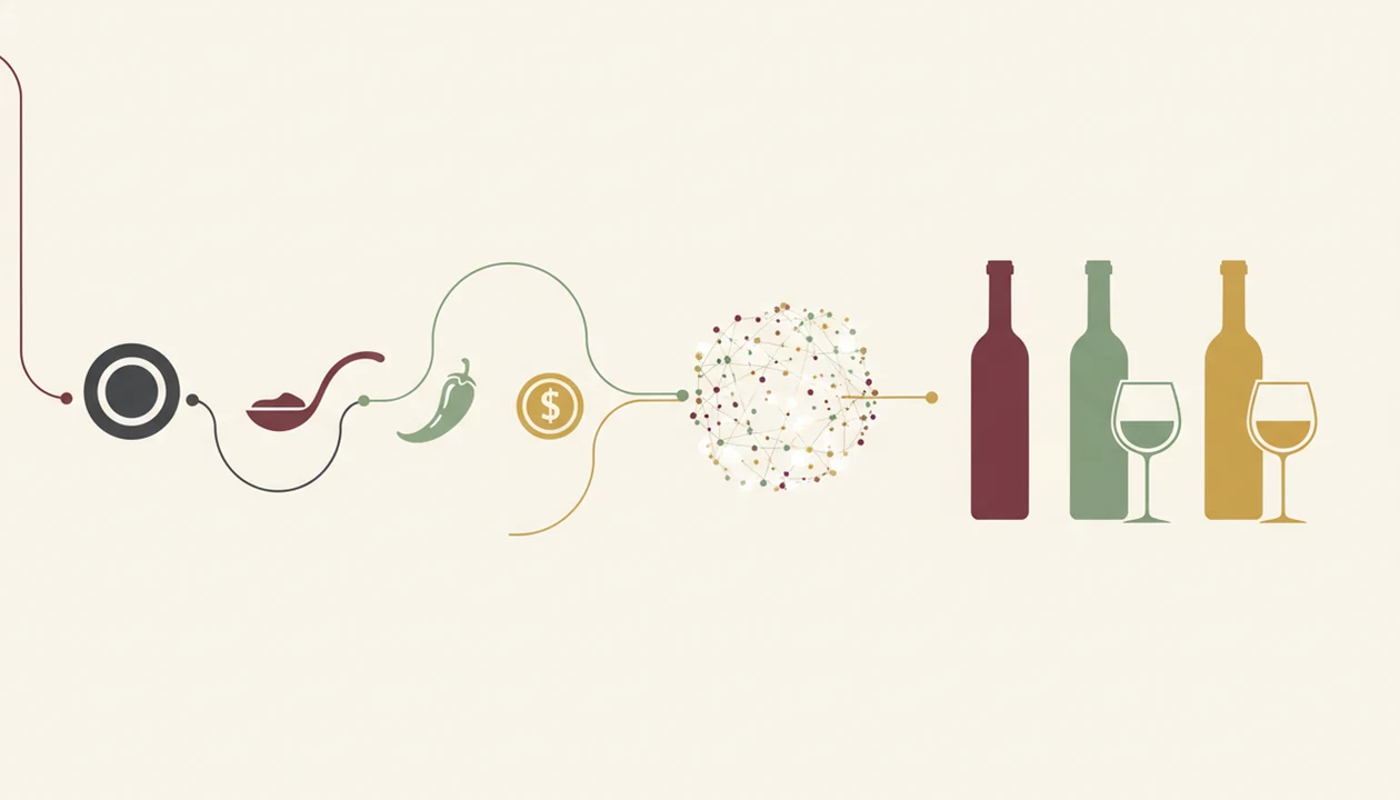 A simple diagram shows dish details flowing through an AI node into wine recommendation options.