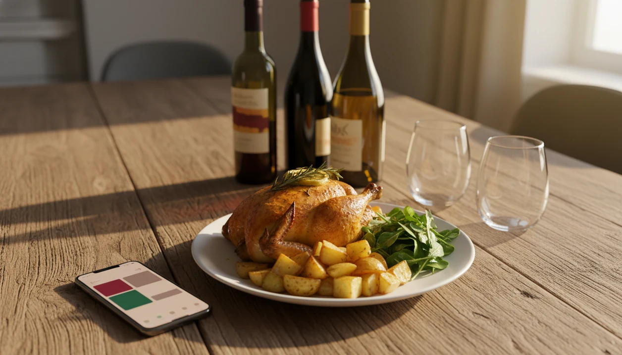 A dinner plate, wine bottles, glasses, and a phone suggest choosing the right bottle for a home meal.