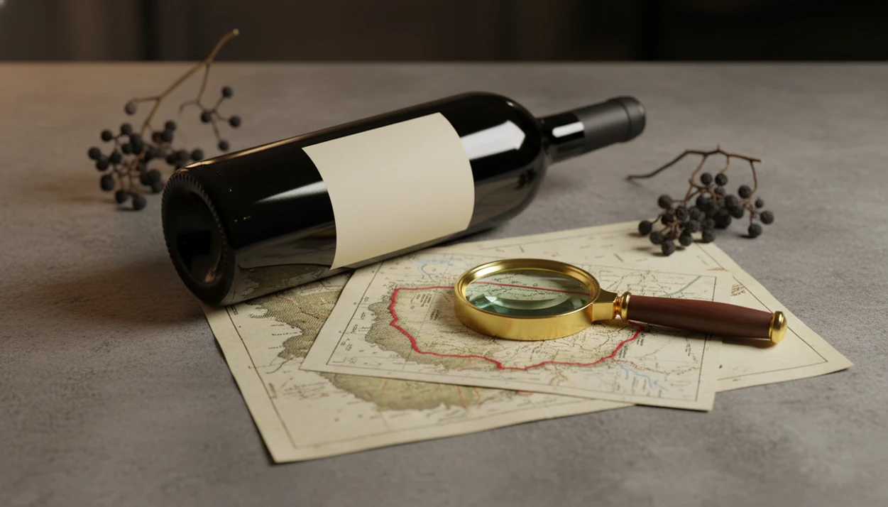 A wine bottle beside layered maps and a loupe, showing broad region and smaller appellation boundaries.