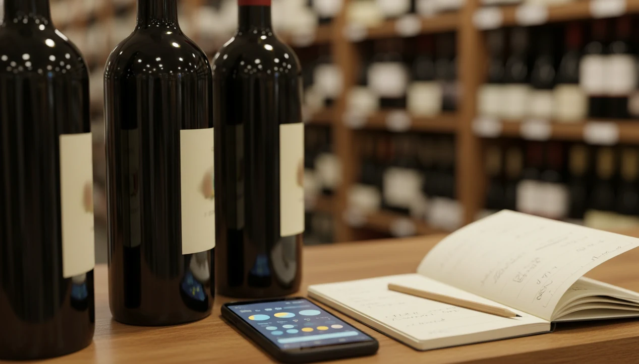 Wine bottles sit beside a phone with abstract rating stars, suggesting careful interpretation of app scores.