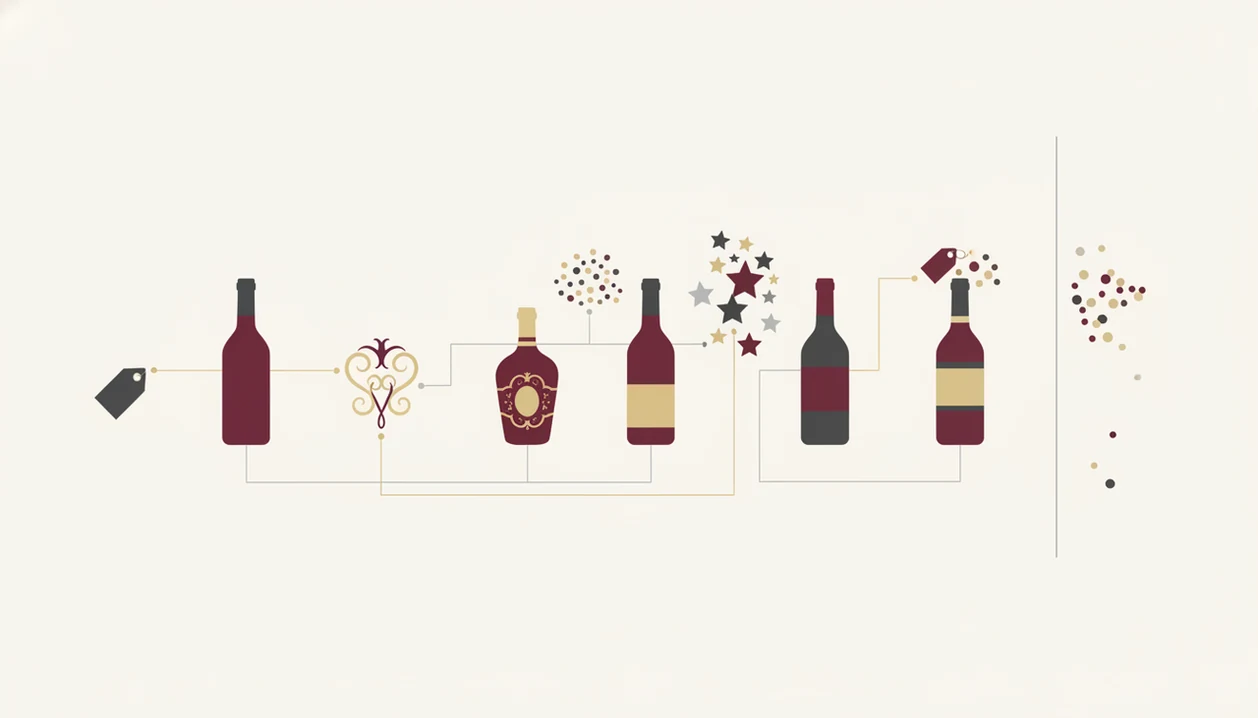 A clean diagram shows wine ratings influenced by price, label appeal, social proof, and clustered high scores.