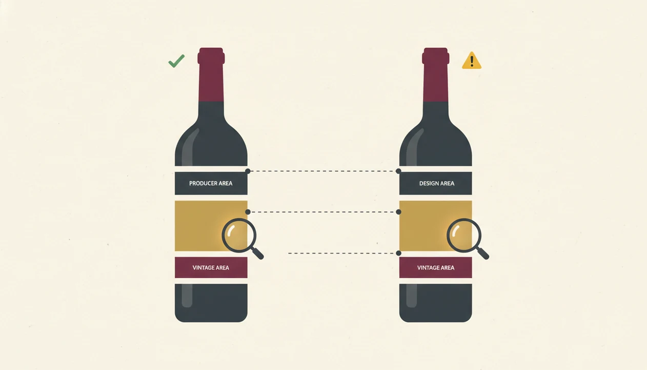 A simple diagram compares two similar wine labels with the tiny vintage area highlighted.