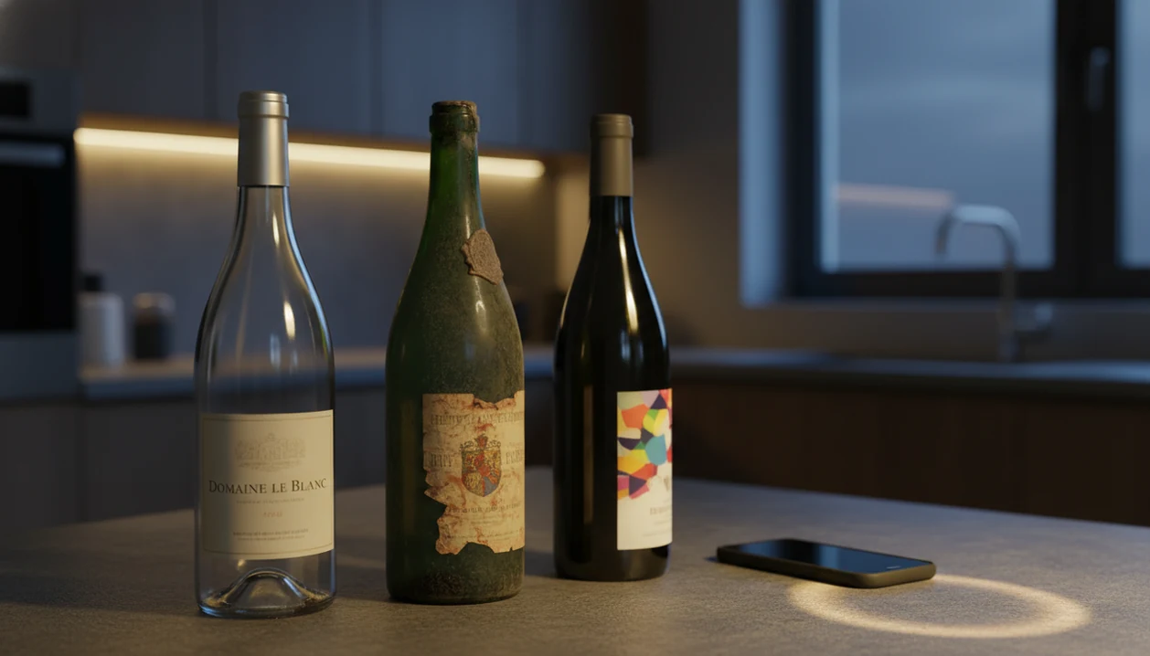 A phone sits beside clean, dusty, and glare-covered wine bottles on a cellar table.