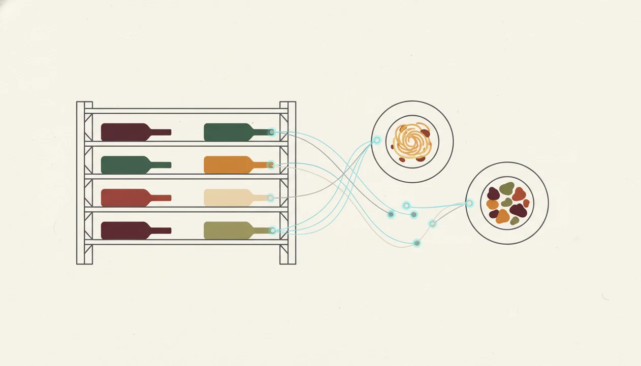 A clean diagram links bottles in a wine rack to dinner plates, showing cellar-aware pairing recommendations.