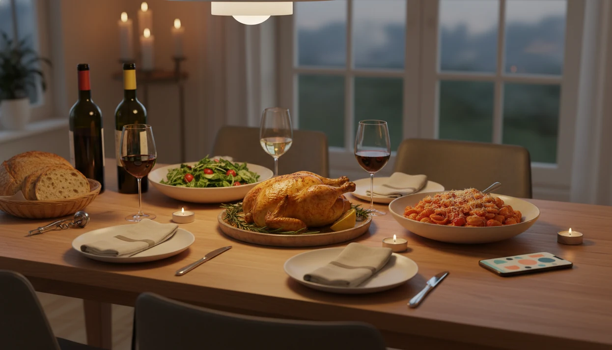 A dinner table shows several dishes, wine glasses, and a phone suggesting app-guided wine pairing.