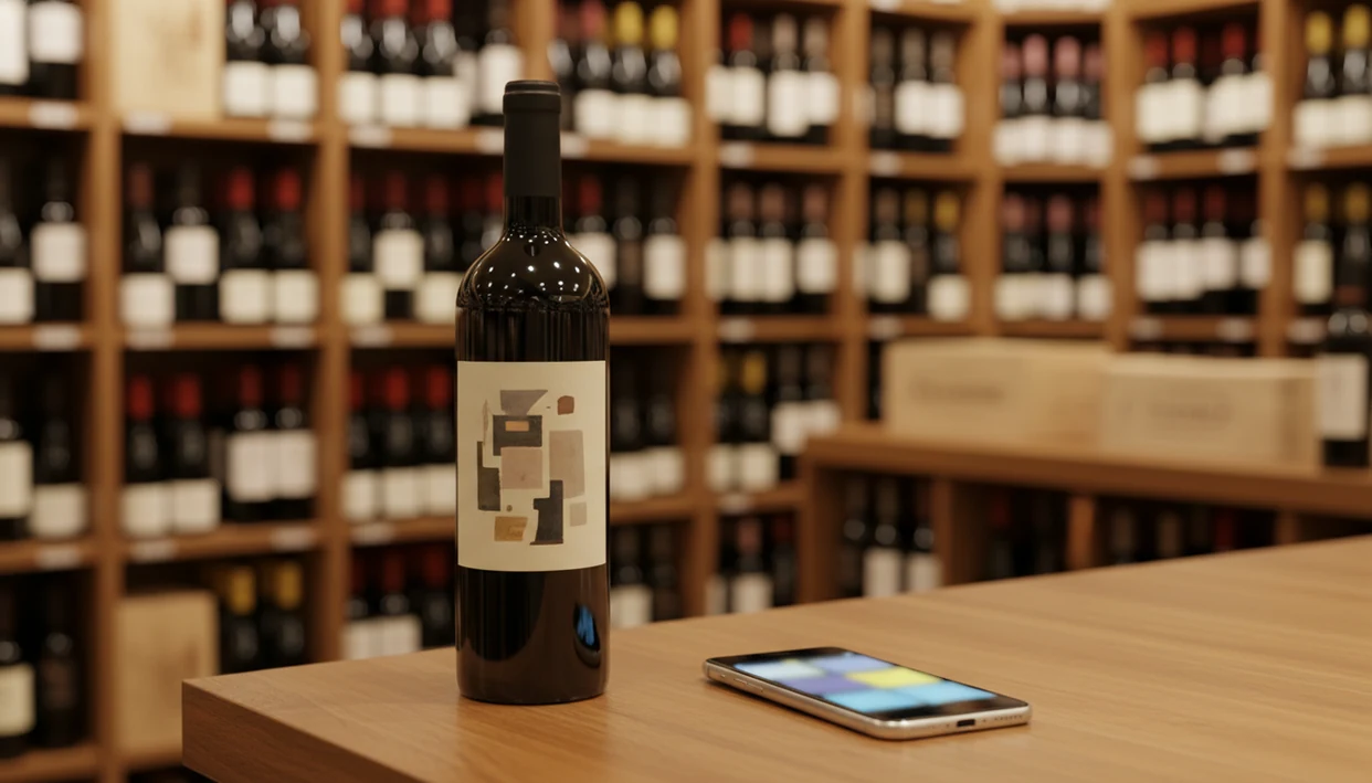 A smartphone scans an unreadable wine label on a shop counter with blurred wine shelves behind it.
