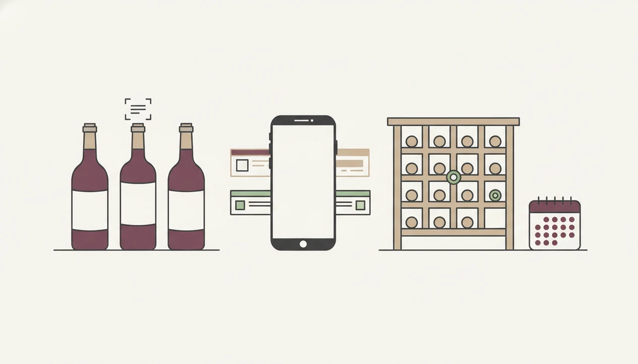 A clean diagram shows scanned bottles moving into a structured digital cellar and reminder system.
