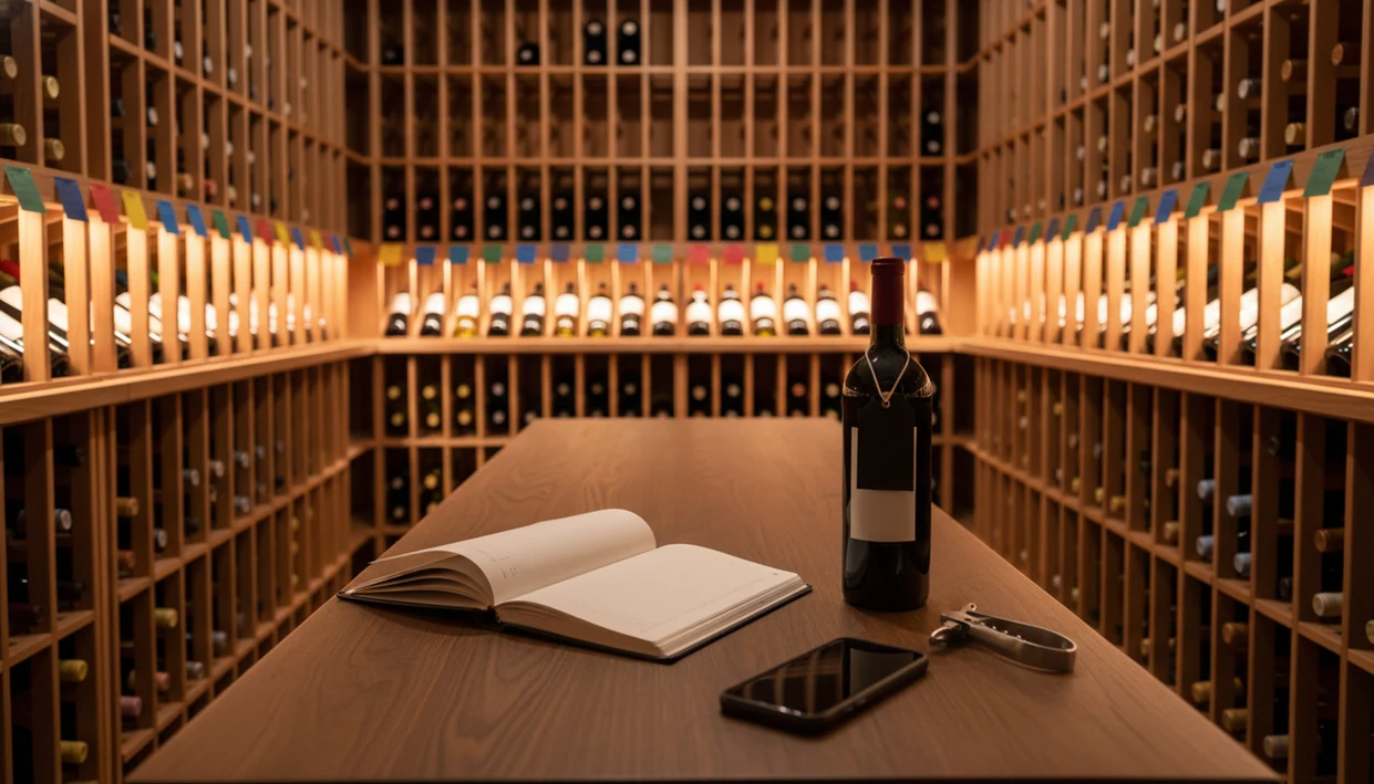 An organized wine cellar with bottles, blank tags, a ledger, and a phone ready for inventory tracking.