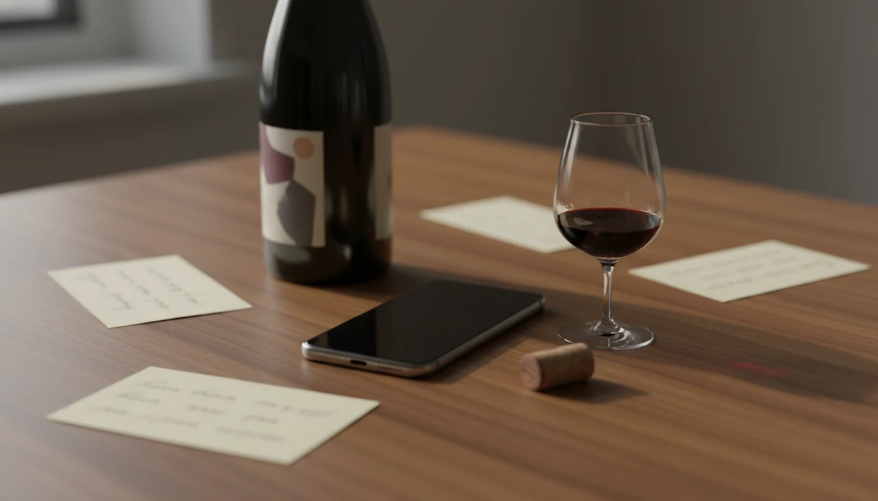 A phone, wine bottle, glass, and tasting notebook sit together on a warm table for recording notes.