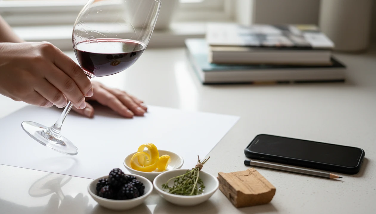 Hands compare a glass of wine with aroma samples while a phone and pencil wait nearby for notes.