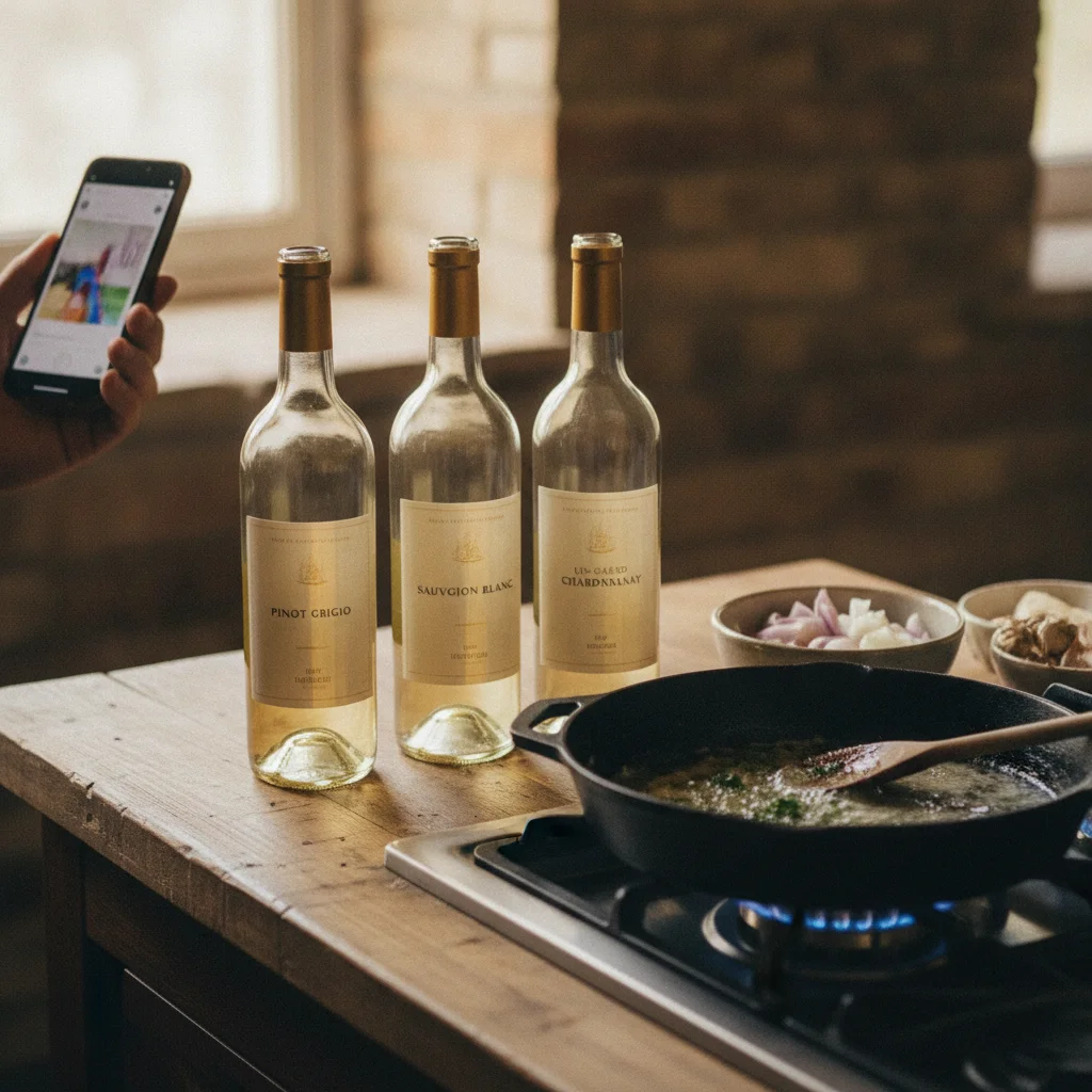 Dry white cooking wines beside a skillet, including Pinot Grigio, Sauvignon Blanc and unoaked Chardonnay