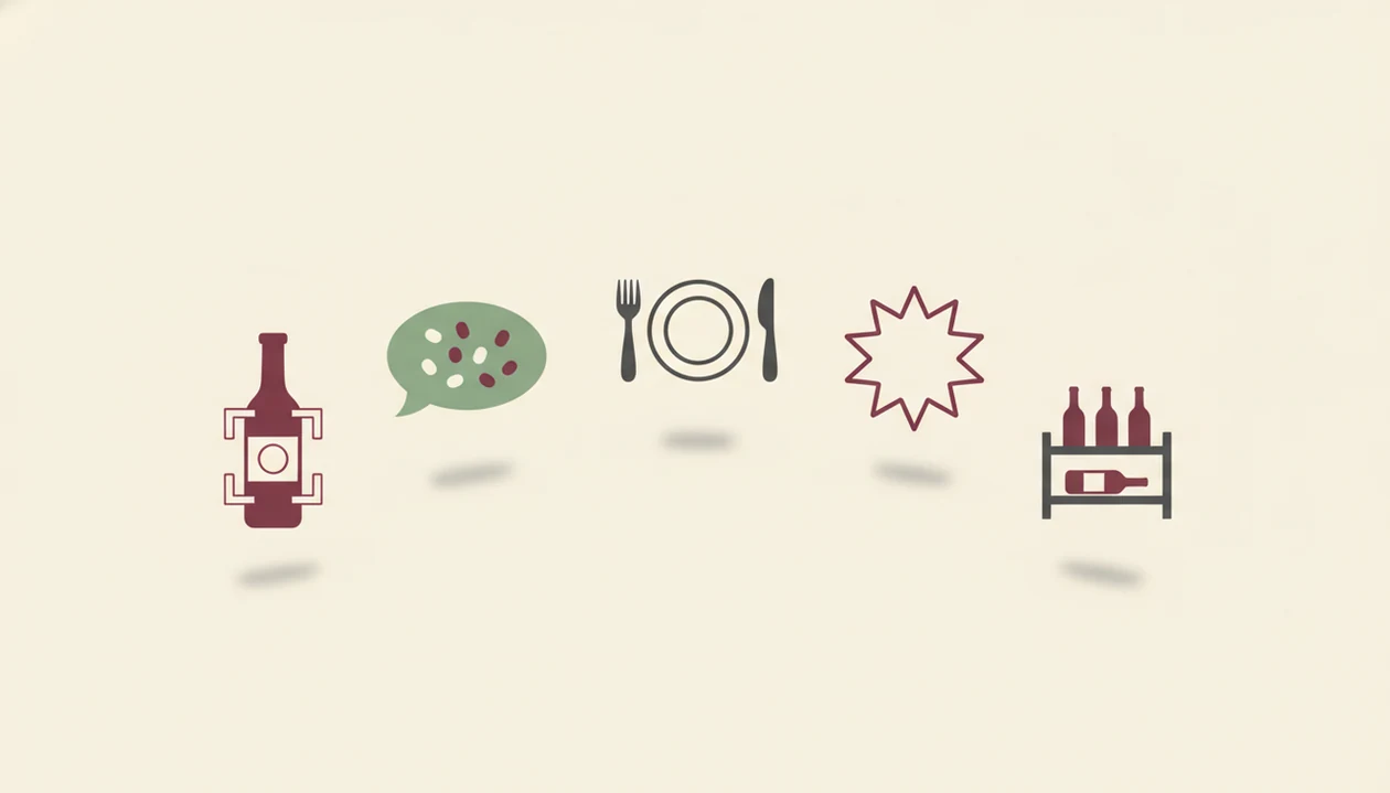 An illustrated row of five wine app feature icons for scanning, notes, pairings, ratings, and cellar tracking.
