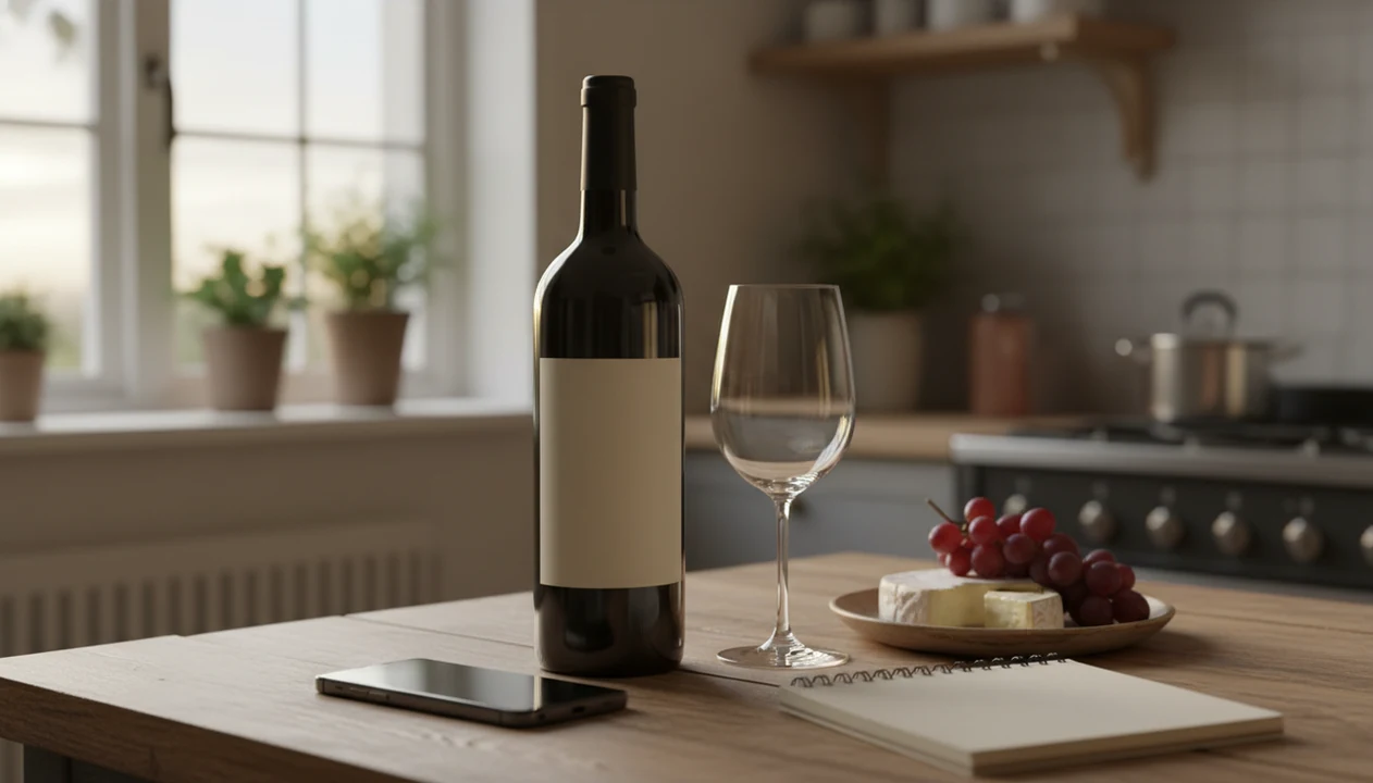 A phone, wine bottle, glass, and simple snacks arranged for easy beginner wine discovery.