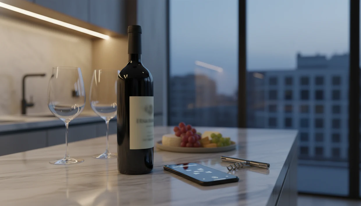 A phone, wine bottles, glass, and notebook arranged for scanning and tracking wine at home.