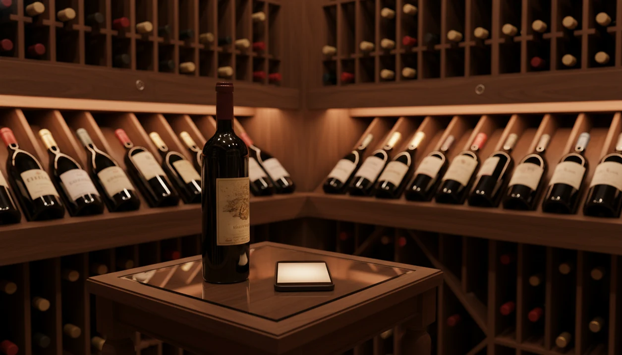 A smartphone rests beside a wine bottle in a warm home cellar with organized wooden racks behind it.