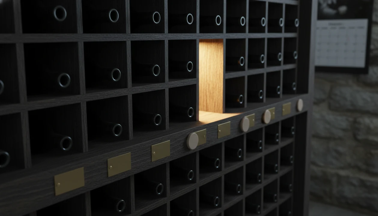 Organized cellar rack cubbies with bottle locations and a calendar-like shape in the background.