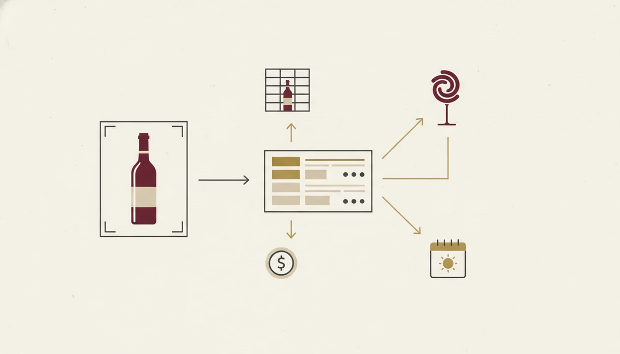 A clean diagram shows a wine bottle becoming a record linked to location, notes, value, and timing.