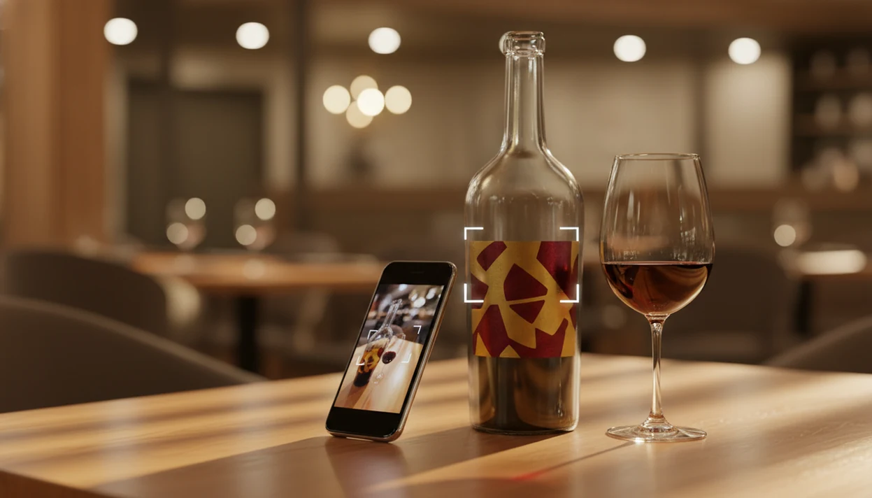 A smartphone scans an unreadable wine bottle label beside a glass on a warm restaurant table.