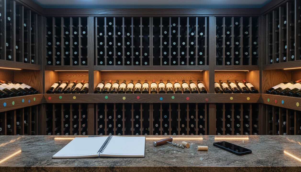 An organized home wine rack with tagged bottles, a blank notebook, corkscrew, and phone on a counter.