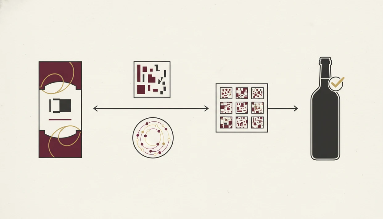 A clean diagram shows wine label scanning flowing through OCR, image matching, and AI matching.