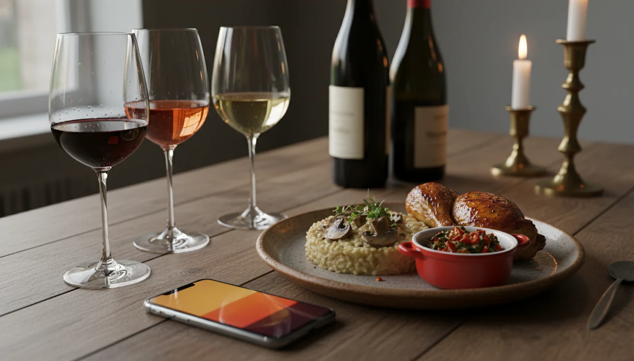 A dinner table with roast chicken, wine glasses, bottles, and a phone suggesting a pairing choice.