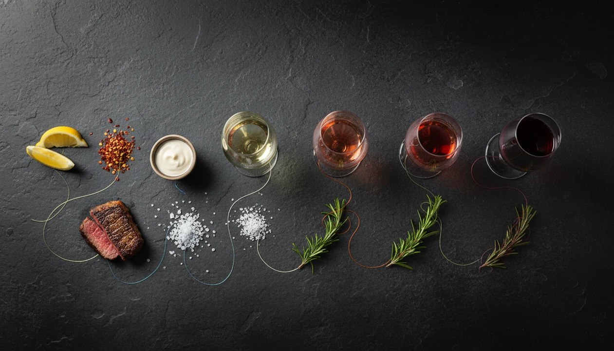 Ingredients and tasting glasses are linked by colored lines to suggest how pairing logic works.