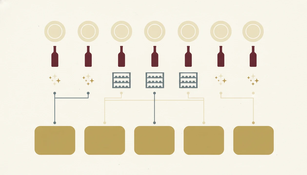 An abstract comparison graphic shows three wine app options with icons for meals, ratings, and cellar tracking.