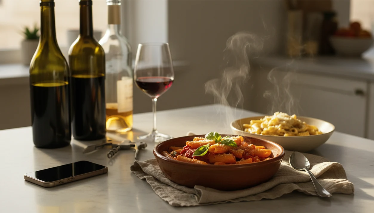 A kitchen counter shows pasta, wine bottles, and a phone ready for sauce-based wine pairing.