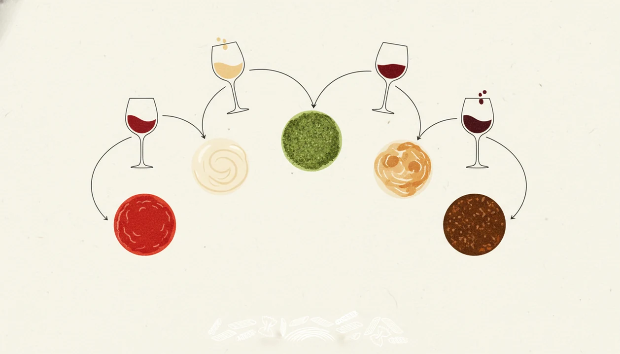 A simple sauce-first pairing diagram shows sauces linked to wine styles while pasta shapes stay secondary.