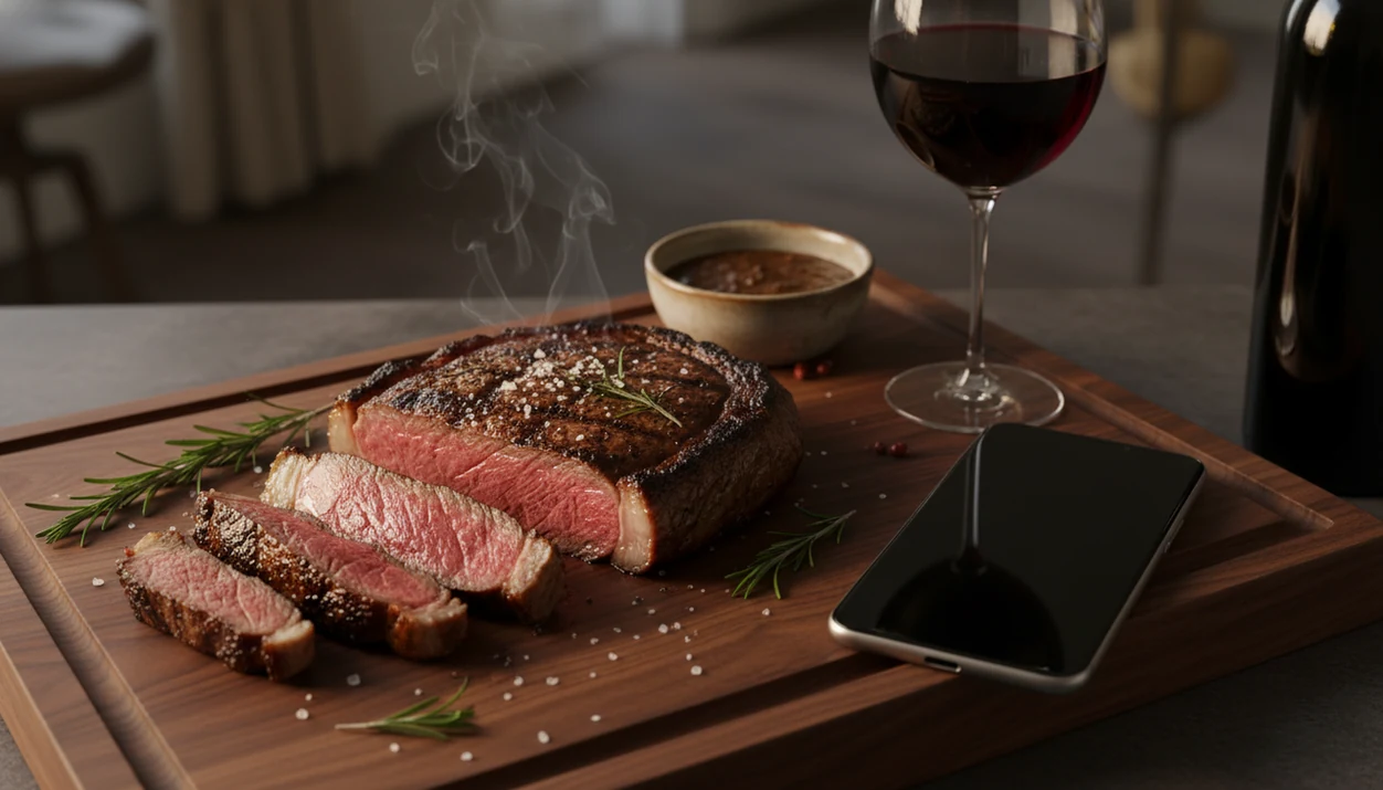 A grilled ribeye, red wine, bottle, and phone arranged for app-based steak pairing.
