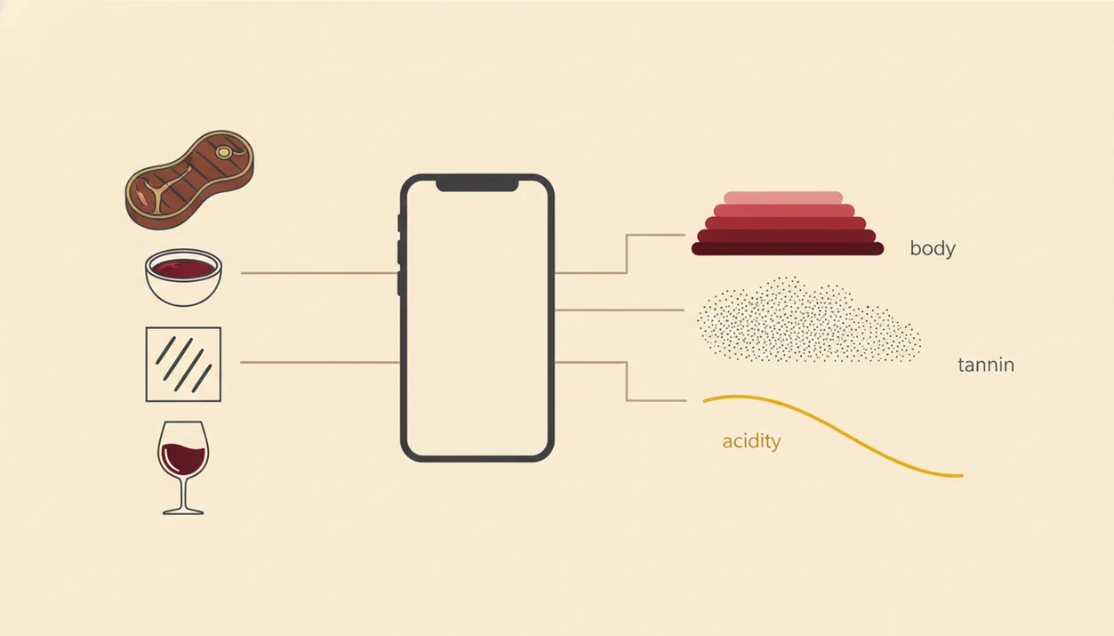 A diagram shows steak cut, sauce, char, and wine structure flowing into an app recommendation.
