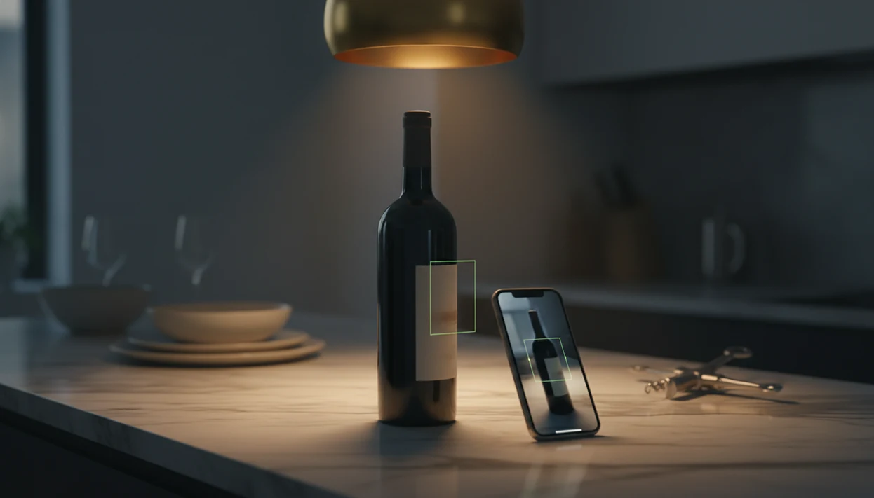 A phone camera scans a blank wine label on a bottle in a softly lit cellar-like setting.