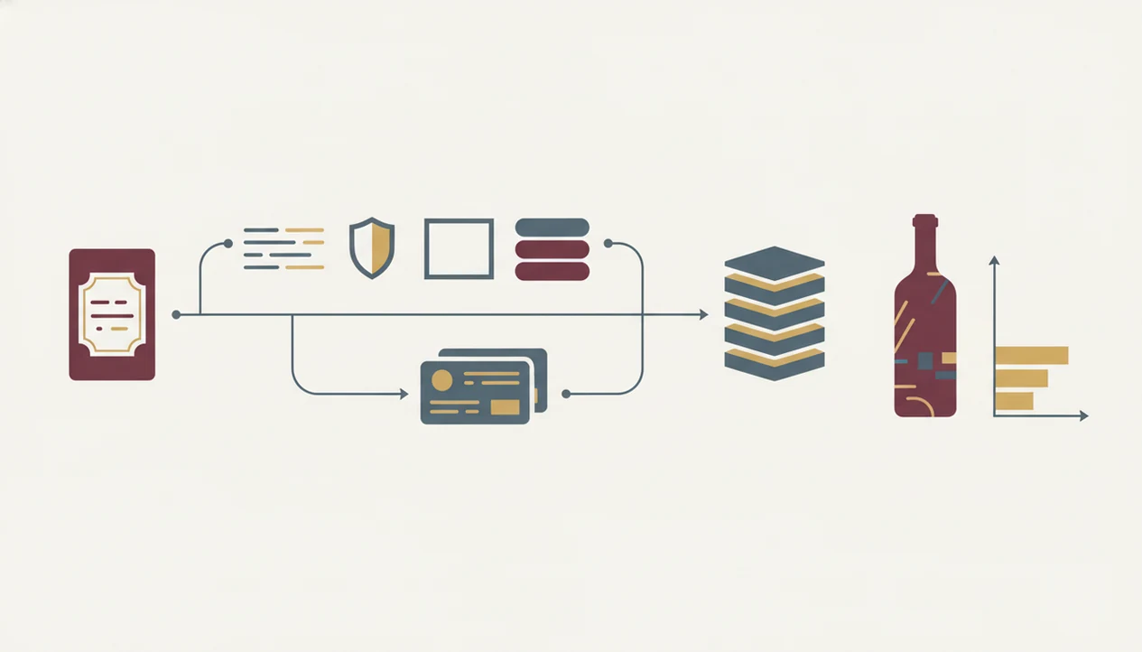 A simple diagram shows a wine photo becoming OCR, visual features, database matching, and a result.