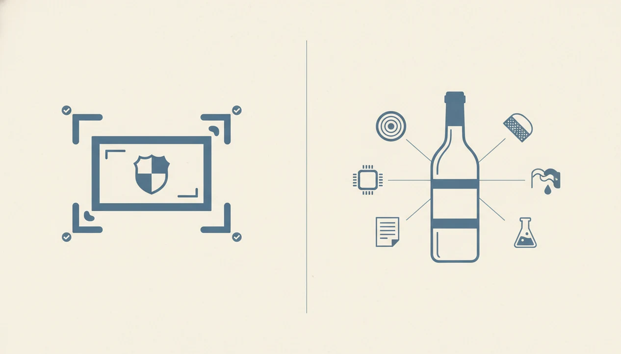 A split diagram contrasts a camera label scan with cork, capsule, provenance, tag, and lab checks.