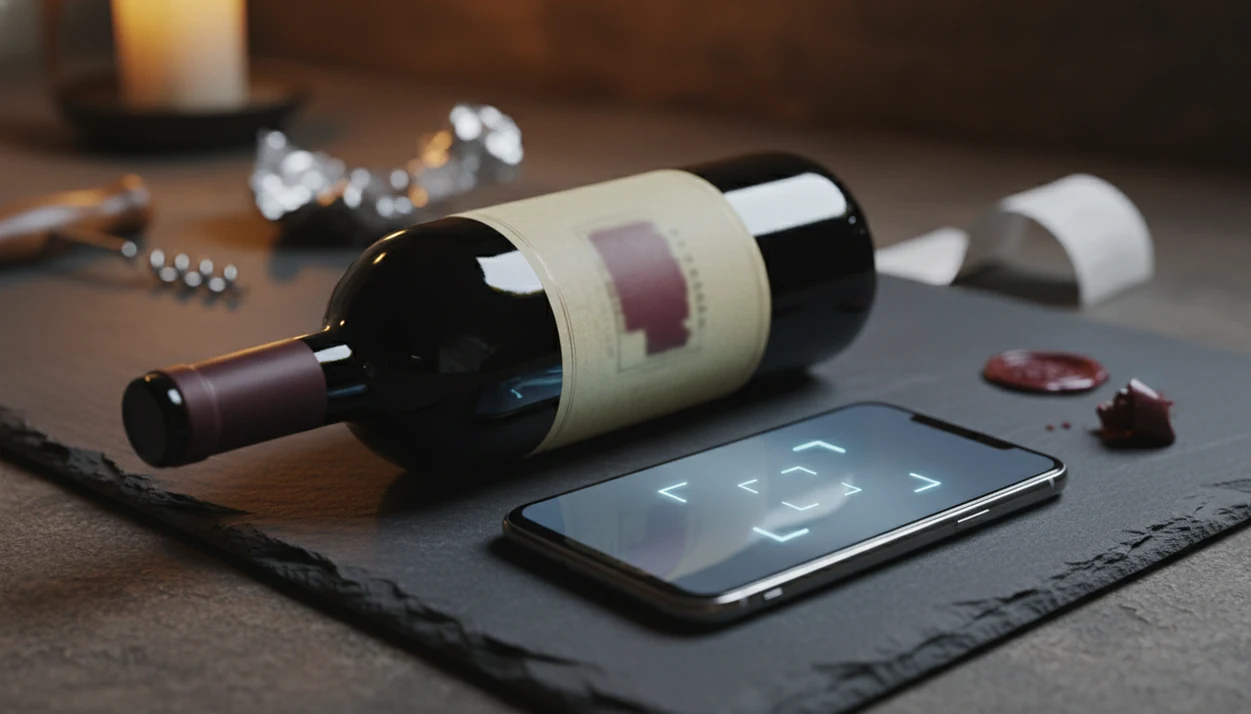 A wine bottle and phone scan sit beside cork and receipt clues, showing that labels alone cannot prove authenticity.