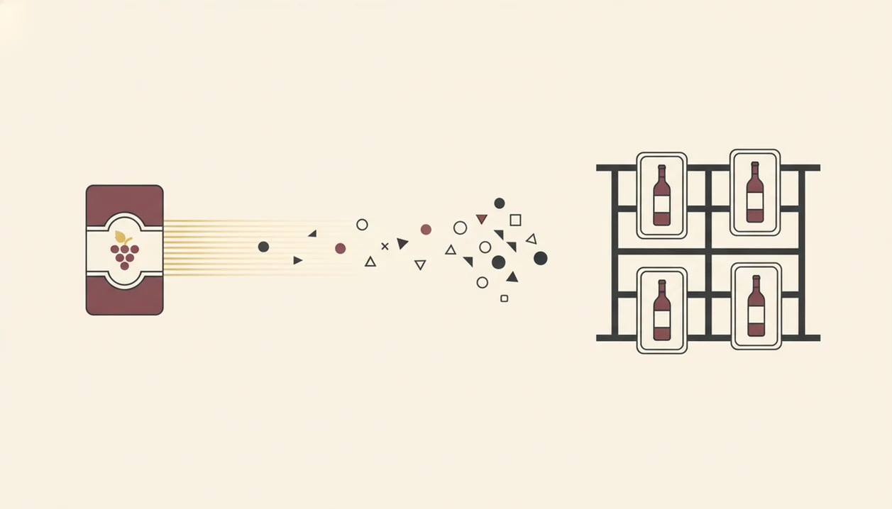 A wordless diagram shows a wine label scan turning into structured cellar inventory records.